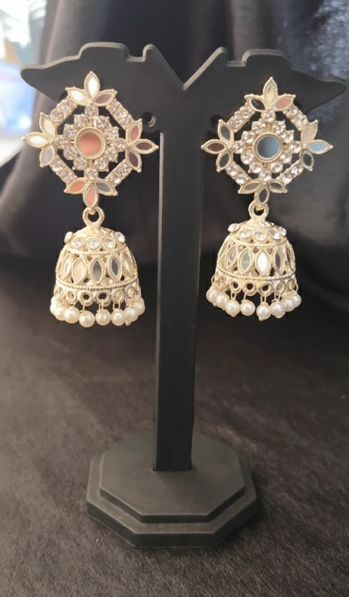 Mirror Work Gold Plated Jhumka Earrings - Pearl Festive