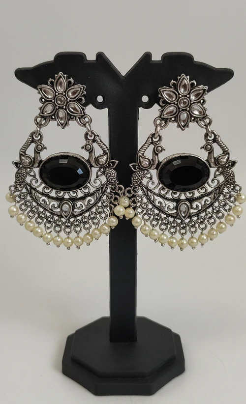 Black Stone Pearl Oxidised Earrings - Festive Party Wear Look