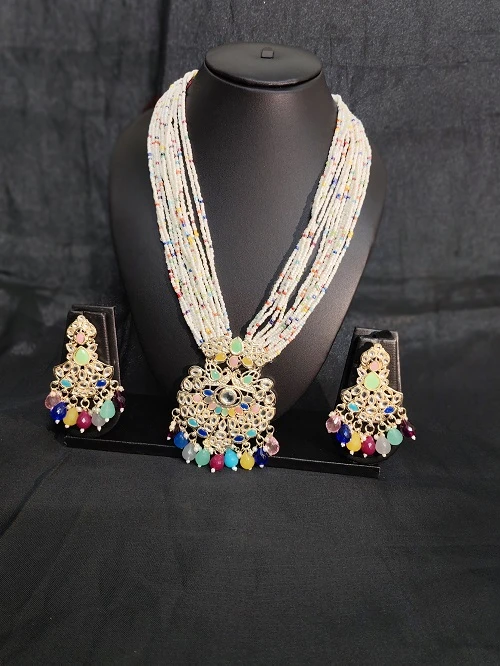 Multicolor Beaded Necklace Set with Earrings | Gold Plated Party Wear Jewellery