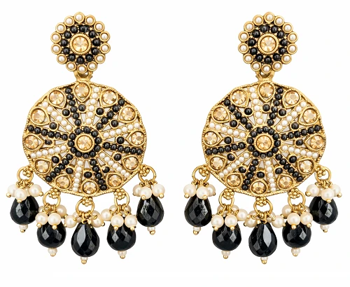 Black Beads Gold Plated Mandala Earrings - Festive Party Wear