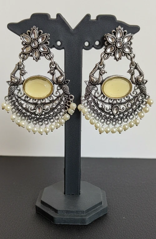 Yellow Stone Pearl Oxidised Earrings - Festive Party Wear Look