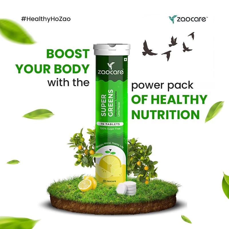 Zaocare Supergreen Effervescent Tablets For Tummy Fat Burn & Gut Detox | 100% Vegan