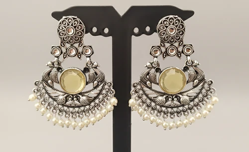 Yellow Amethyst Stone Peacock Oxidised Earrings - Wedding Ethnic Bling