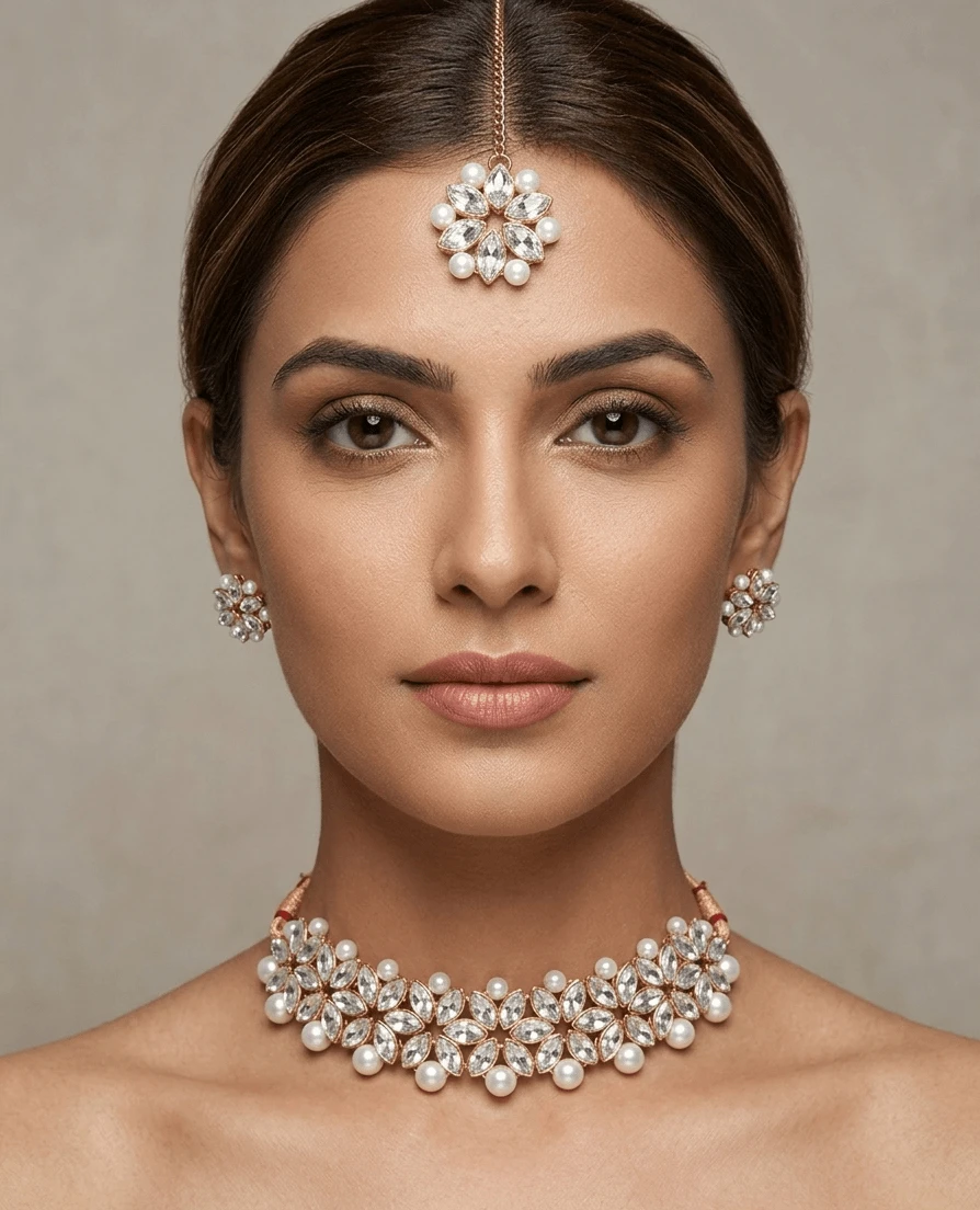 Fancy White Stone & Pearl Choker Set with Maang Tikka | Wedding Look Jewellery