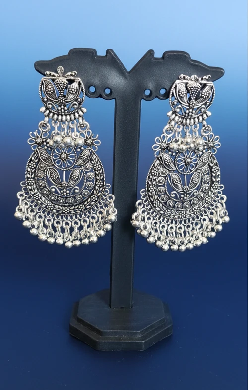 Floral Oxidised Silver Chandelier Earrings - Daily Wear