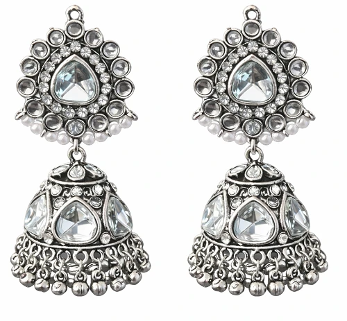 Stone Oxidised Silver Jhumka Earrings - Party Ethnic