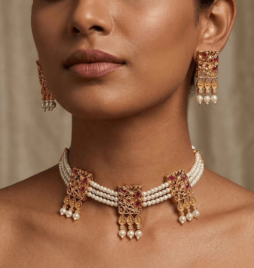 Traditional Gold Plated Pearl Choker Necklace Set with Pink Stones for Women