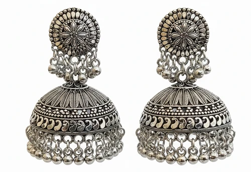 Floral Oxidised Silver Chandbali Earrings - Stylish Ethnic Wear