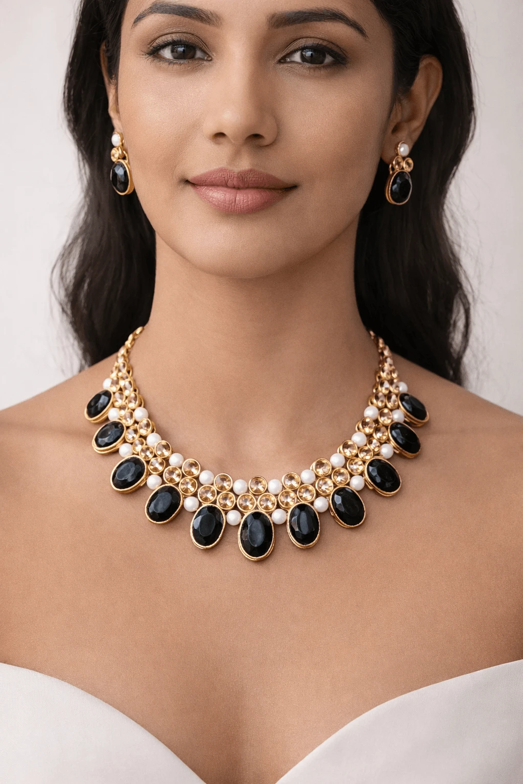 Stylish Black Stone Gold Plated Jewellery Set for Women | Wedding Look Necklace