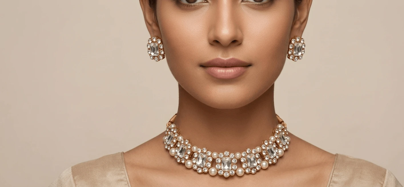 Fancy White Stone & Pearl Choker Set for Women | Stylish Party Wear Necklace
