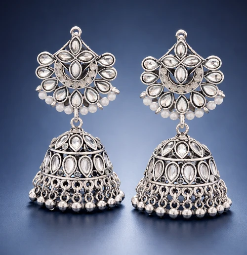 Kundan Pearl Oxidised Jhumka Earrings - Stylish Wedding Look